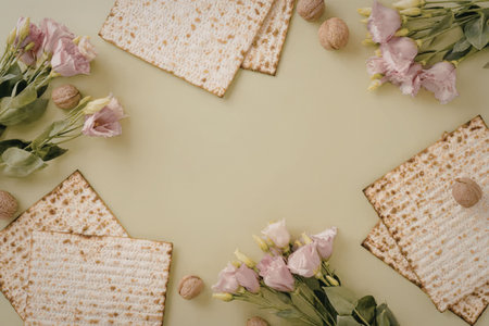 This image features a visually appealing arrangement of matzo bread, flowers, and nuts on a green...