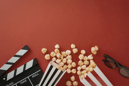 A still life composition featuring popcorn, a clapperboard, and 3D glasses on a red background,...