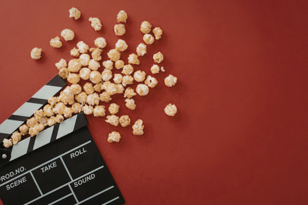 A black movie clapper board with popcorn scattered on top, set against a vibrant red background,...