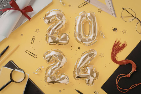The image depicts a vibrant yellow background with golden balloons spelling '2024', surrounded by...