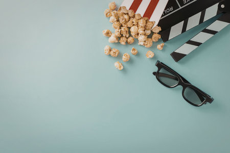A flat lay of movie night essentials including popcorn, 3D glasses, and a clapperboard on a light blue background.の写真素材