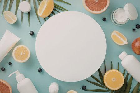 An arrangement of natural skincare products and fruits on a light blue background
