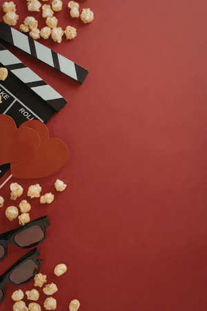 A red background with movie clapperboard, popcorn, 3d hearts and cinema glassesの写真素材