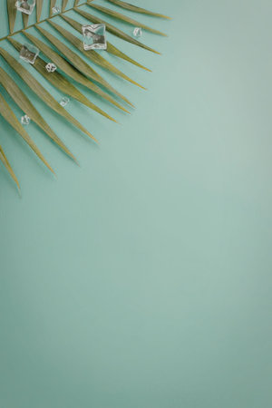 A close-up of a palm leaf with ice cubes on a mint green background, emphasizing the visual elements...