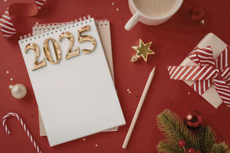 A notepad with 2025 written on it, surrounded by festive items like a mug, gift, and decorations on...