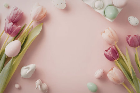 A visually appealing arrangement of pink tulips and Easter eggs on a soft pastel pink background,...
