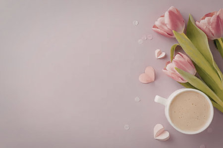 A serene still life featuring pink tulips, a cup of coffee, and heart-shaped decorations on a soft purple background.の写真素材