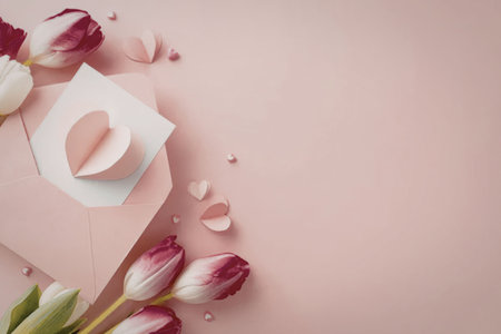 A beautiful arrangement of pink tulips, a pink envelope, and heart-shaped decorations on a soft pink...