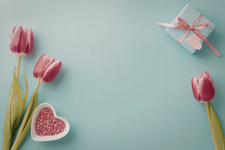 The image features pink tulips, a heart-shaped box, and a gift box on a light blue background.