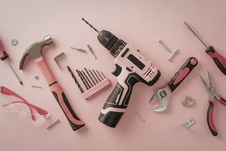 A collection of pink and black tools, including a drill, hammer, screwdrivers, and pliers, laid out...