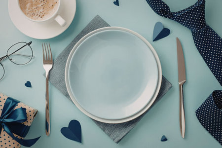 a romantic table setting for two with blue hearts and a gift