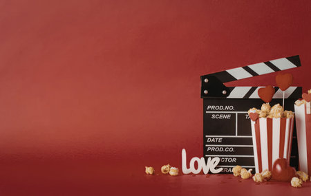A cinematic setup with a clapperboard, popcorn, and candy on a red background, symbolizing a romantic movie night with the theme of love.の写真素材