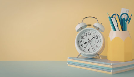 A white alarm clock sits on top of a stack of colorful notebooks next to a yellow pencil holder...