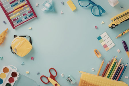 A collection of school supplies, including pencils, scissors, and paint, arranged on a blue...