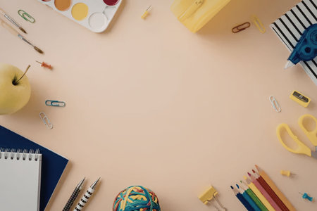 A collection of school supplies on a table including a notebook, pencils, pens, scissors, and more.