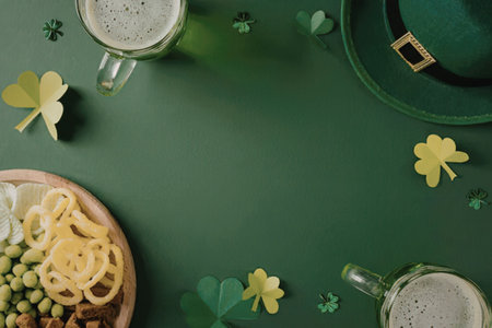 A festive St. Patrick's Day setup featuring two glasses of beer, a plate of food, a green hat, and...