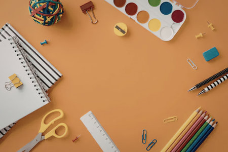 An assortment of colorful school supplies on an orange background