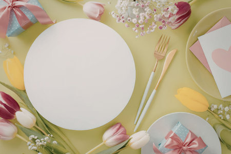 A beautifully arranged table setting with a white plate, gold utensils, and vibrant tulips on a...