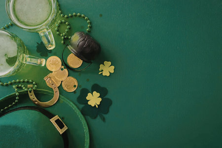 St Patricks Day Celebration With Green Beer, Hat, Coins, and Four Leaf Clover