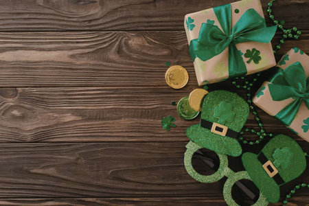 A festive arrangement of St. Patrick's Day gifts and green accessories on a wooden background