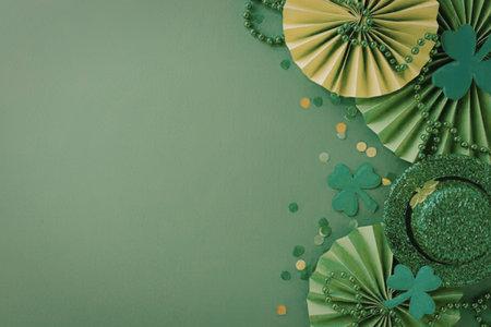A green background with shamrocks and paper fans for St. Patrick's Day