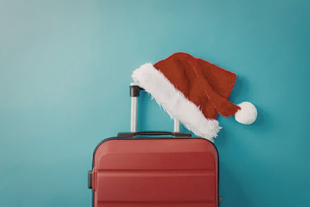 A red suitcase with a black handle and silver metal parts has a Santa hat on top, against a light blue background.の写真素材