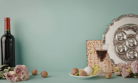 A still life composition featuring a bottle of wine, a glass of wine, a plate of nuts, and flowers...