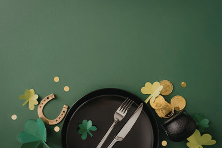 a black plate with a fork and knife on a green background with shamrocks, a horseshoe, and a pot of...