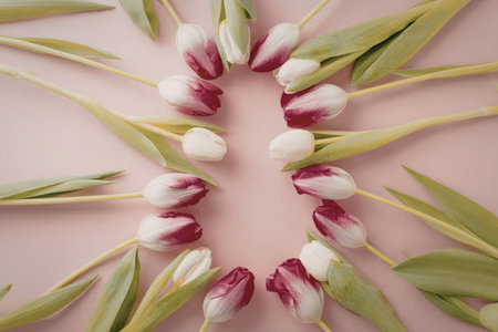 A heart-shaped arrangement of pink and white tulips on a pink background