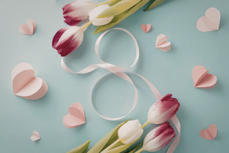 A beautiful arrangement of pink and white tulips, pink hearts, and a ribbon on a light blue...