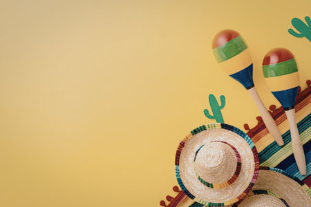 A colorful arrangement of a sombrero and maracas on a bright yellow background, evoking a festive...