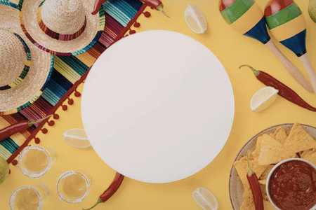 A colorful fiesta table setting with a white plate, sombreros, tortilla chips, salsa, chili peppers,...