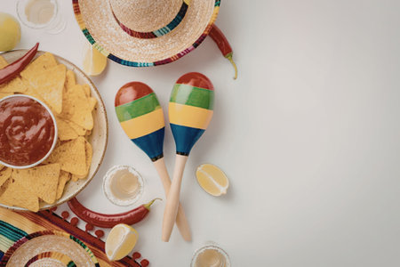 A colorful arrangement of Mexican fiesta elements including tortilla chips with salsa, maracas,...