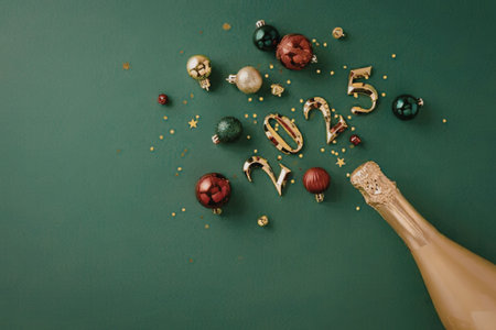 A bottle of champagne with colorful Christmas decorations on a green backgroundの写真素材