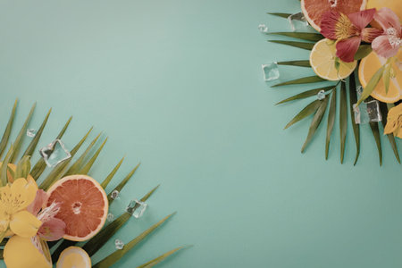 A colorful arrangement of tropical fruits and flowers on a green background