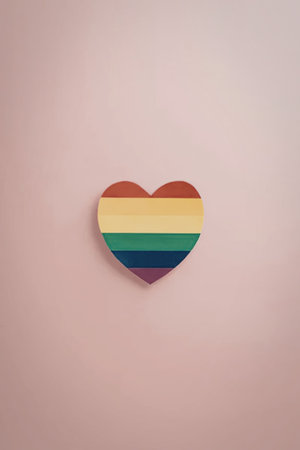 A heart shaped object with a rainbow flag design on a pink background