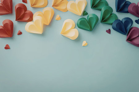 A collection of colorful paper hearts on a light blue background, symbolizing love and diversity.