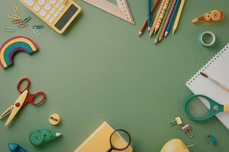 A collection of vibrant school supplies arranged on a green background, including scissors, pencils,...