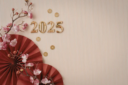 A decorative image featuring red fans, pink cherry blossoms, and gold coins on a beige background,...