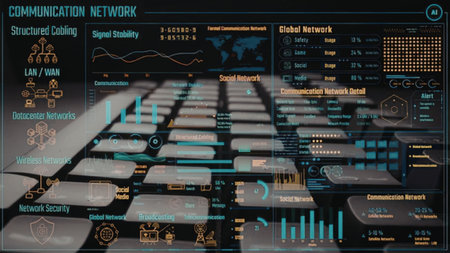 Complex communication network dashboard showcases various network metrics including signal stability...