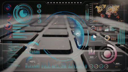 Futuristic data analytics dashboard displays global statistics and performance metrics with...