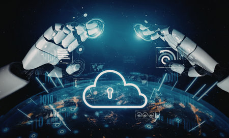 Robotic hands interact over a glowing blue globe representing global cloud computing with futuristic...