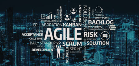 Agile methodology and scrum framework prominently displayed with related terms and concepts in a...