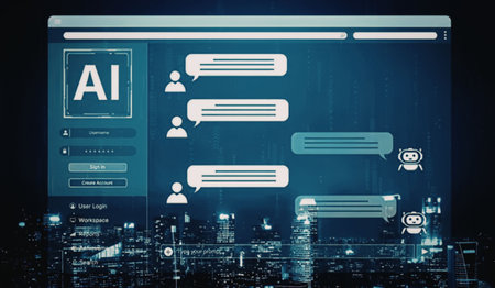 Artificial intelligence chat interface superimposed over a cityscape at night representing modern...