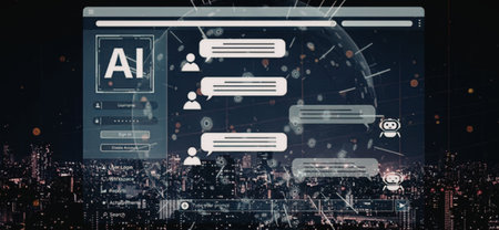 Artificial intelligence chat interface is displayed over a futuristic cityscape symbolizing global...