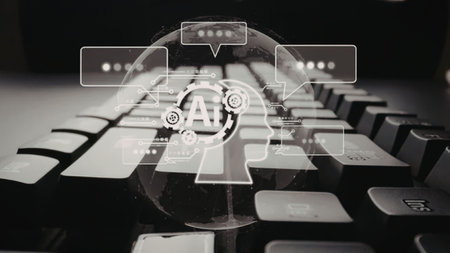 Artificial intelligence symbol overlaid on a keyboard surrounded by futuristic interface elements...