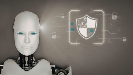 Humanoid robot with glowing blue eyes stands beside a shield symbolizing cybersecurity and data...