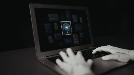 Robotic hands type on a laptop displaying various artificial intelligence interfaces and icons,...