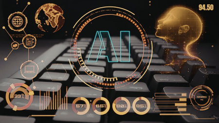 Futuristic artificial intelligence interface on laptop keyboard represents global technology and...
