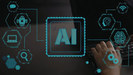 Person typing on laptop surrounded by glowing blue futuristic icons representing artificial...